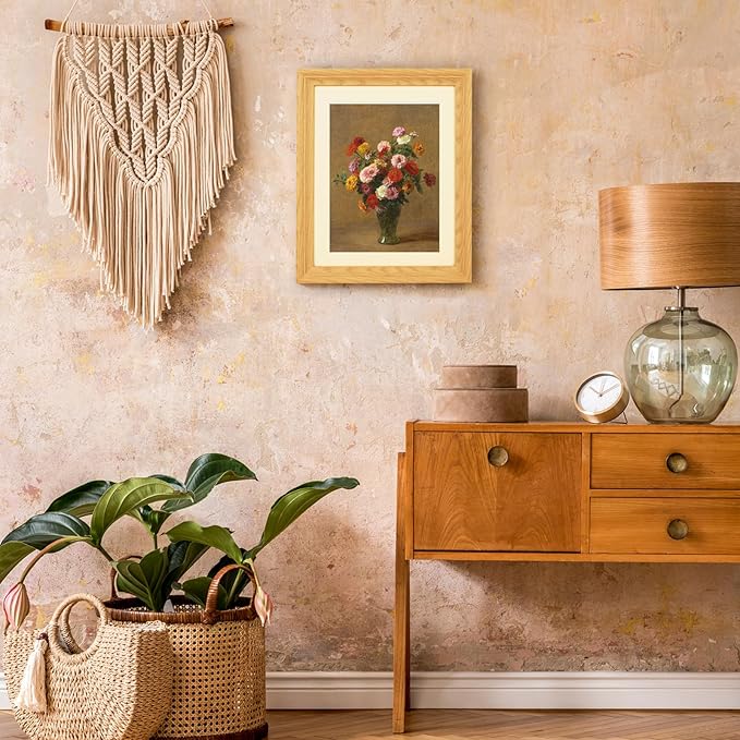 Brivoria Framed Canvas Wall Art Vintage Decor, Classical Floral Art Print with Mat Showing Colorful Zinnias in Vase and Warm Tones for Hallway Dining Room or Seasonal Autumn Wall Decoration, 13"x16"