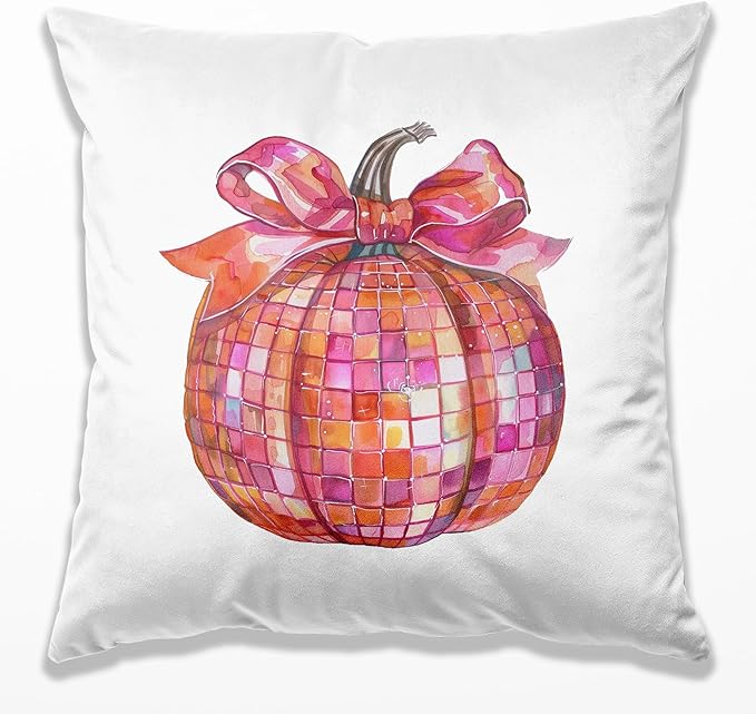Coquette Pink Bow Disco Ball Pumpkin Fall Pillow Covers 18x18, Preppy Fall Decor, Funky Y2K Girly Pumpkin Autumn Decorative Throw Pillow Covers for Girls Room Dorm Home Bedroom Living Room
