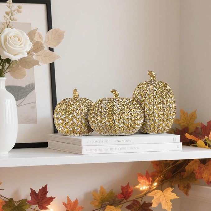 winemana Fall Decorations for Home Set of 3, Gold & White Resin Pumpkin Decor with Woven Design - Thanksgiving Table Centerpiece, Mantel, Indoor & Outdoor Farmhouse Autumn Décor