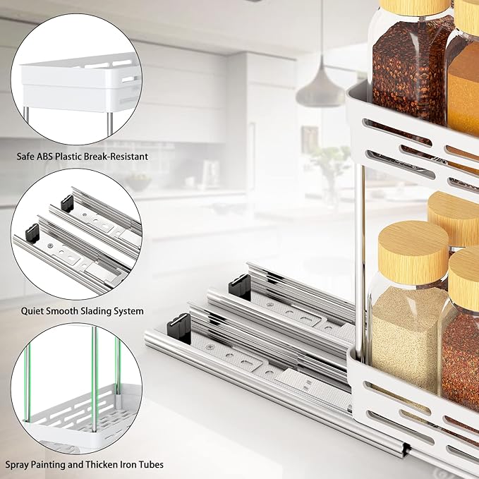 Pull Out Spice Rack Organizer for Cabinet, 2 Pack Slide Out Spice Racks Organizer, Spice Cabinet Organizers, Cabinet Size Need:12'' Highx11'' Deepx5'' Wide,Hold 10 Spice Jar Each Tier-2Tier, White