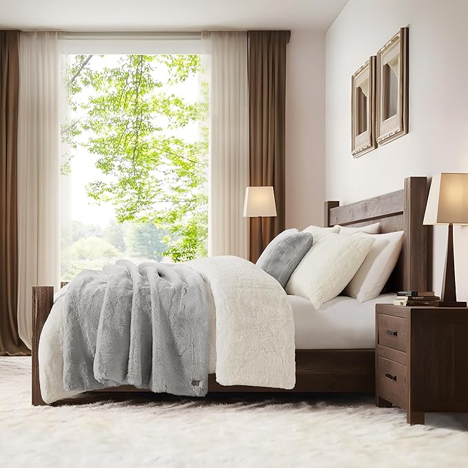 UGG Plush Faux Fur Throw Blanket Reversible Medium Weight Luxury Soft Throw Blankets for Bed or Chair, Hypoallergenic, Machine Washable, Home Decor, 50-inch x 70-inch, Seal Light Grey (Euphoria)