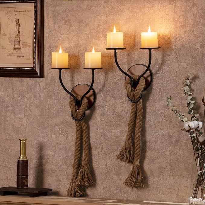 Aimto Wall Sconce Candle Holder Wall-Mount Metal and Wooden Candle Holders Hanging Iron Wall Candle Sconce Holder and use Hemp Rope Decoration,for Home,Living Room, Bathroom, Dining Room, Set of 2