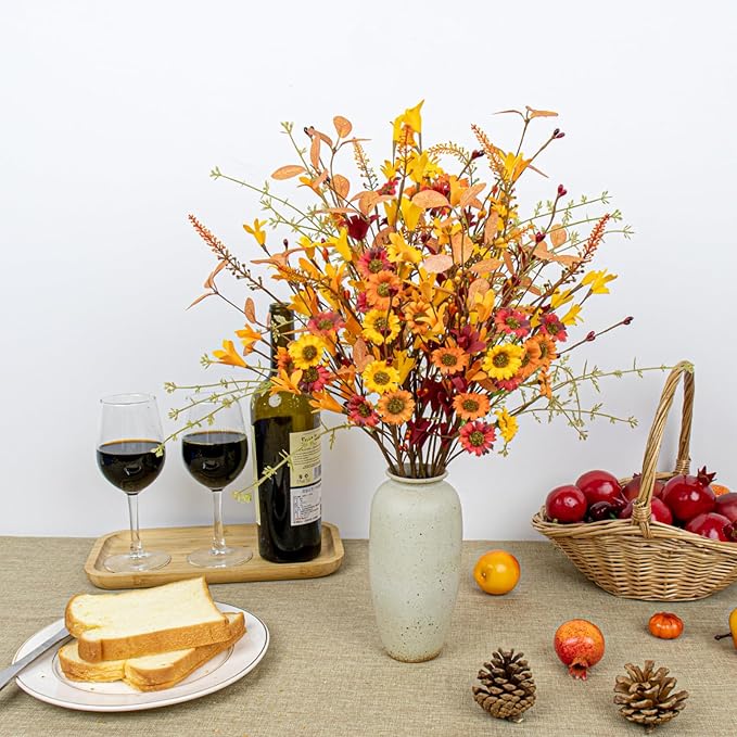 12 PCs Artificial Fall Flowers 17 Inches Vintage Autumn Stems Rustic Fall Floral Picks with Orange Forsythia Daisy Flowers Wildflower Stems for Farmhouse Indoor Vase Table Centerpieces Decor