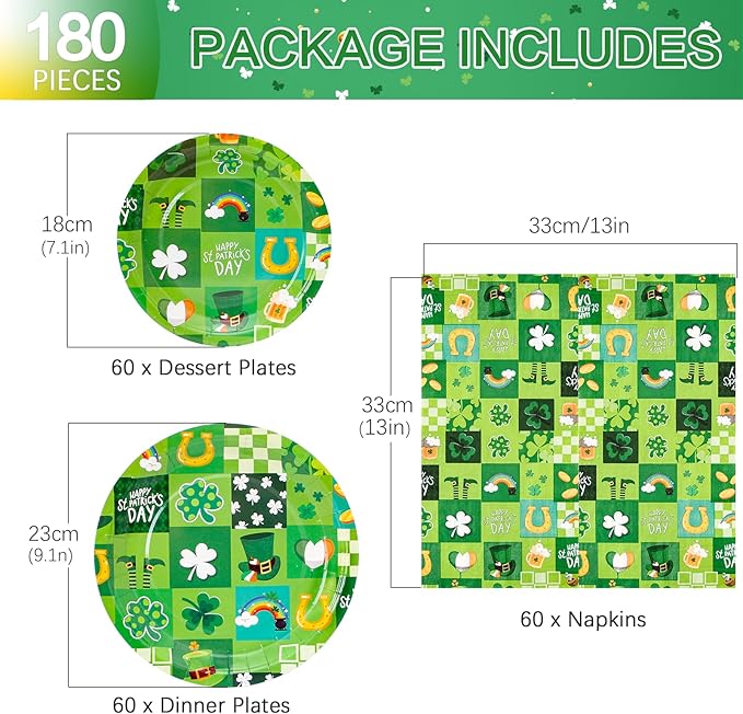 180Pcs St Patricks Day Party Supplies Paper Plates and Napkins Serve 60 Disposable Tableware Set for Birthday Party Decorations Game Day Family School Holiday Sports Events