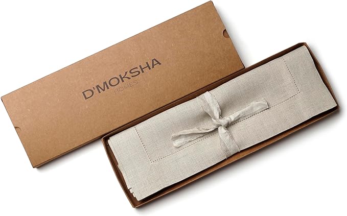 D'Moksha Homes Linen Placemats Set of 4-100% Pure Linen Natural Placemats 14 x 19 Inch - Classic Hemstitch, Washable Natural Placemats for Christmas Decor, Holiday