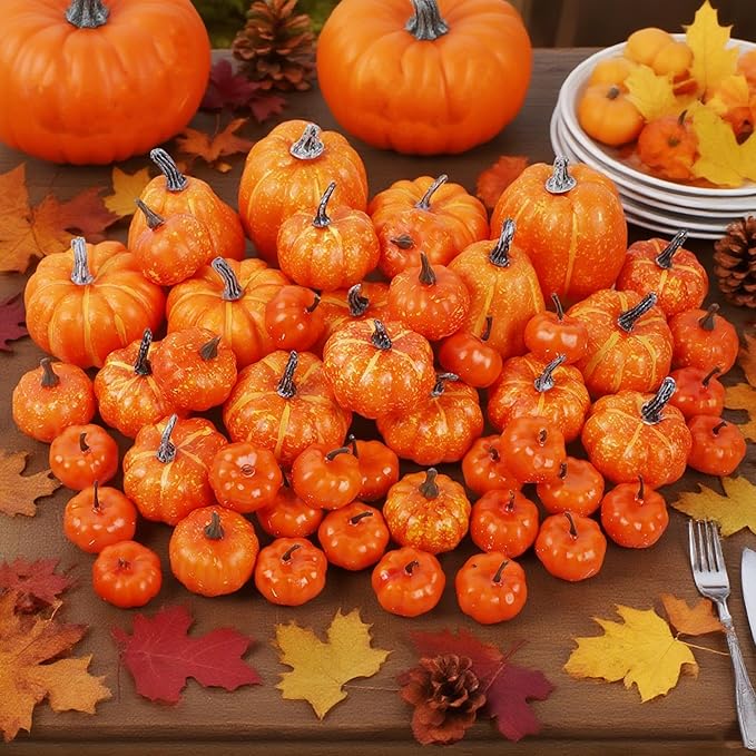 winemana 46 Pcs Assorted Size Artificial Pumpkins Fall Decorations, Orange Foam Pumpkin Autumn Decor, Decorative Faux Pumpkin for Harvest Thanksgiving Table Centerpiece Mantle Bowl Wedding Party