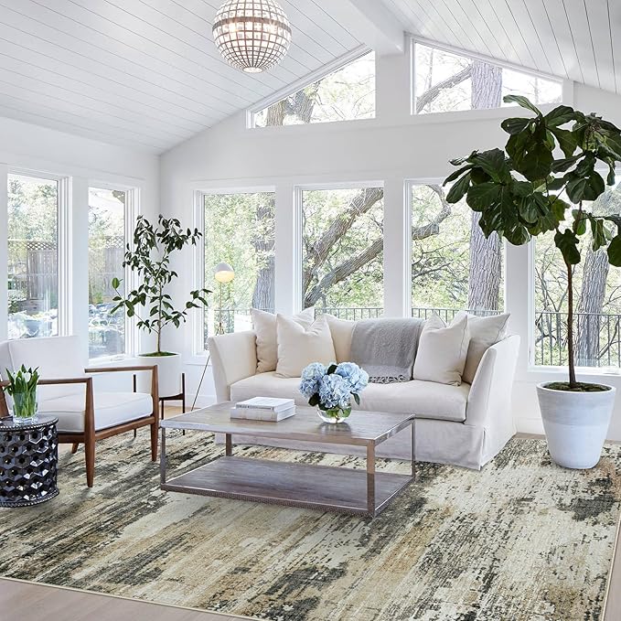 10x14 Area Rugs for Living Room: Large Machine Washable Area Rug with Non Slip Backing Non Shedding Abstract Stain Resistant Carpet for Bedroom Dining Room Nursery Home Office - Beige/Brown