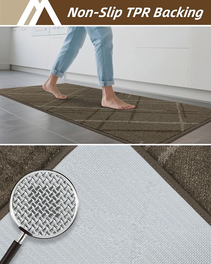 COSY HOMEER Kitchen Mats, 2 PCS Kitchen Rug Non Slip Washable, Absorbent Runner Rugs for Kitchen Floor, Polyester Kitchen Sink Rug 20"x32" + 20"x48"(Brown)