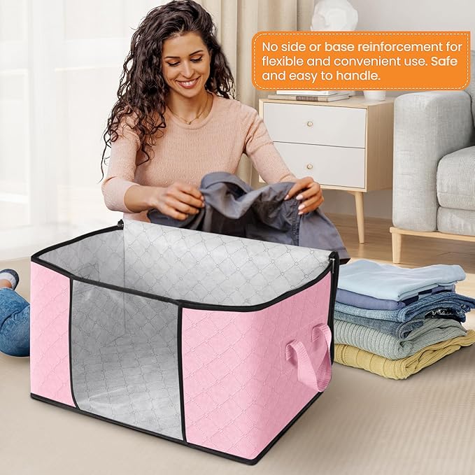 Fab totes 10 Pack Clothes Storage, Foldable Thick Fabric Blanket Storage Bags, Containers for Organizing Bedroom, Closet, Clothing, Comforter,Organization with Handle,Pink