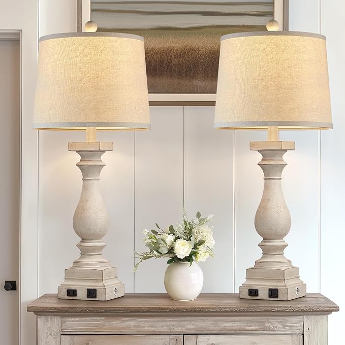 28" Tall Farmhouse Table Lamps with USB C+A Ports and AC Outlet, 3 Way Touch Control Rustic Bedside Lamps for Bedroom, Beige Vintage Nightstand Lamps for Living Room Office