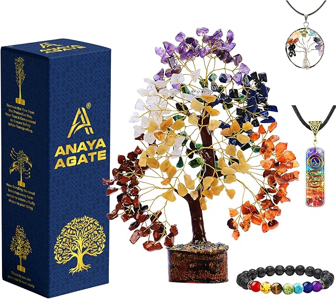 Chakra Healing Crystal Tree Kit with 7 Chakra Bracelet and 2 Pendant Necklace - Gemstones Money Bonsai Tree Decor for Spiritual Good Luck Gift, Birthday Gift for Women, Men, Home, Office