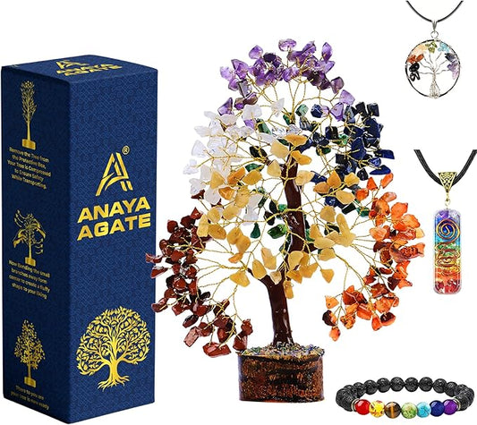 Chakra Healing Crystal Tree Kit with 7 Chakra Bracelet and 2 Pendant Necklace - Gemstones Money Bonsai Tree Decor for Spiritual Good Luck Gift, Birthday Gift for Women, Men, Home, Office