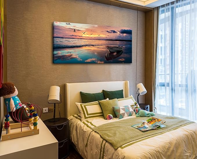 OKEXCKK Coastal Wall Decor Beach Canvas Wall Art Picture for Living Room - Sunset Ocean Landscape Painting Print Decor Blue Seascape Nature Artwork Poster for Bedroom Office Decoration - 20"x40"