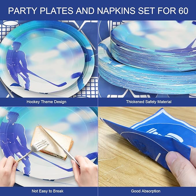 180Pcs Ice Hockey Party Supplies Paper Plates and Napkins Serve 60 Disposable Tableware Set for Birthday Party Decorations Game Day Family School Holiday Sports Events