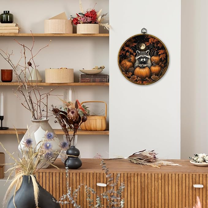 Mcehtle Moody Fall Raccoon and Pumpkins Wall Art Decor, Vintage Autumn Nature Cozy Fall Framed Canvas Prints 10x10, Rustic Woodland Scene Round Wall Hanging Artwork Decorations for Home Living Room