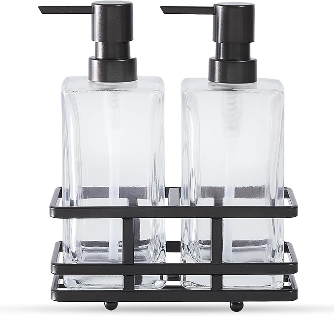 Square Glass Clear Lotion and Soap Pump Dispenser Set with Metal Stand Caddy for Bathroom Bath Kitchen Home Office Travel Hotel Hand Crafted Heavy Weight Oil Rubbed Bronze