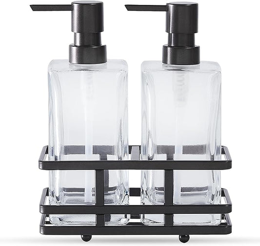 Square Glass Clear Lotion and Soap Pump Dispenser Set with Metal Stand Caddy for Bathroom Bath Kitchen Home Office Travel Hotel Hand Crafted Heavy Weight Oil Rubbed Bronze