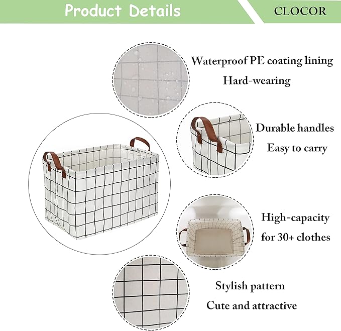 CLOCOR Rectangular Storage Basket, Collapsible Cute Pattern Storage Bin, Waterproof Coating Storage Box with Handles for Home Organization, Gift Basket (3 pack White checks)