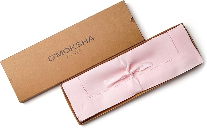 D'Moksha Homes Linen Placemats Set of 4 - Classic Hemstitch Pastel Pink Placemats 14 x 19 Inch - 100% Pure Linen Table Mats for Fall, Autumn and Halloween - Handcrafted and Machine Washable