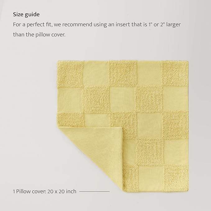 Double Stitch 100% Cotton Throw Pillow Covers - Checkered Tufted Boho Decorative Pillow Covers 20x20, Made in India, Square Cushion Case, Modern Home Decor for Couch, Sofa, Living Room, Lemon Yellow