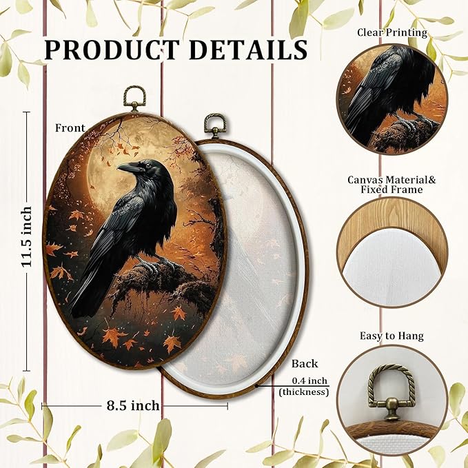 JQF Crow Decor, Fall Gothic Raven Oval Wall Art, Vintage Rustic Fall Crow Oval Canvas Wall Art, Dark Cottagecore Gothic Autumn Raven Framed Prints Hanging Decor for Home Bedroom Living Room, 8.5x11.5 Inch