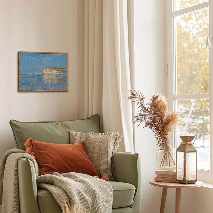 Framed Monet Coastal Wall Art Decor – Impressionist Beach Oil Painting Canvas Prints – Vintage Beachy Landscape Classic Aesthetic Wall Decor for Living Room Bedroom Bathroom – 10"x8"