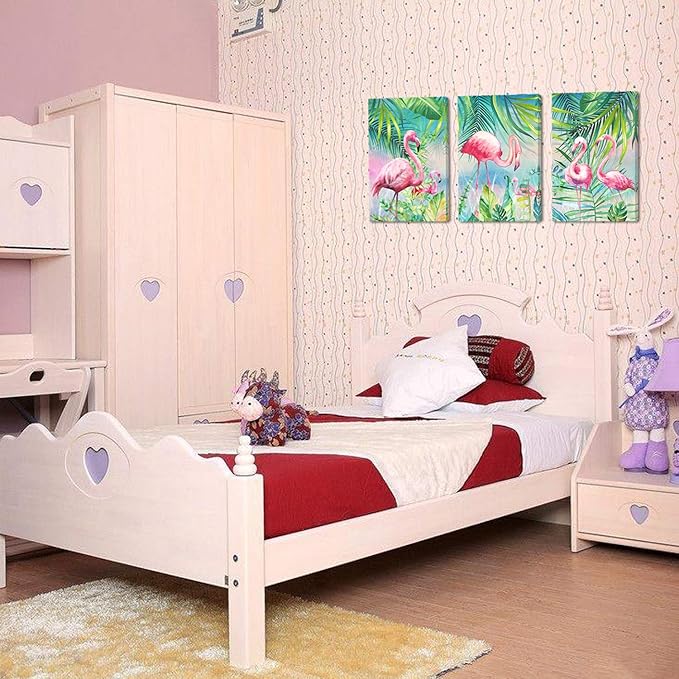 YUANAND Flamingo Wall Decor Animal Pictures - Palm Green Tropical Plant for Kids Girls Room Decor - Framed Posters Paintings Bedroom Decor