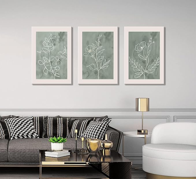3Pcs Sage Green Botanical Wall Art Line Drawing Floral Canvas Poster Prints Modern Abstract Minimalist Picture Neutral Boho Artwork Simple Painting Wall Decor for Living Room Bedroom 16X24in Framed