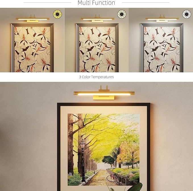 Picture Frame Light,16.14 inch Wireless Picture Lights Rechargeable for Wall with Remote,5000mAh 3CCT Dimmable and Timer Remote Art Lighting for Paintings for Pictures Display,Gold