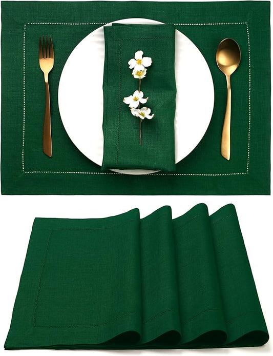 D'Moksha Homes Linen Placemats Set of 4 - Classic Hemstitch Forest Green Placemats 14 x 19 Inch - 100% Pure Linen Table Mats for Fall, Autumn and Halloween - Handcrafted and Machine Washable