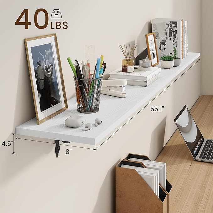 RICHFOCUS Floating Shelves for Wall Decor, 55.1W x 8D Wall Shelves Set of 2, 8 Inch Deep Rustic Wood Shelves Wall Mounted with Brackets, Long Floating Shelves for Living Room Bedroom Kitchen, White