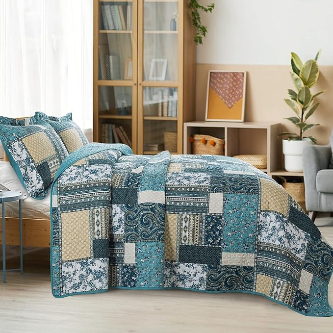 VAPUTAR Quilts Queen Size - 3 Piece Cotton Quilted Bedspread Coverlet, Soft Lightweight Quilted Bedding Set, Patchwork Boho Quilt with Pillowcovers Suitable for All Season and Room Decor (Dream Blue)