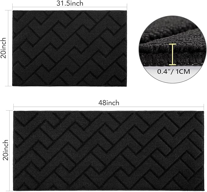 hicorfe Kitchen Rugs and Mats Sets,2 Pieces Super Absorbent Polypropylene Non-Slip Rug,Soft Comfort Floor Mat,Washable for Kitchen,Hallway,Office,Sink,Laundry(20" x 31.5" Plus 20" x 48",Black)