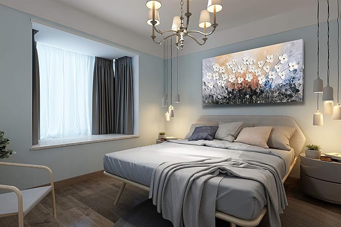 Yihui Arts Hand-Painted Oil Painting on Canvas Textured White Floral Wall Art Modern Horizontal Decor for Living Room Bedroom Office