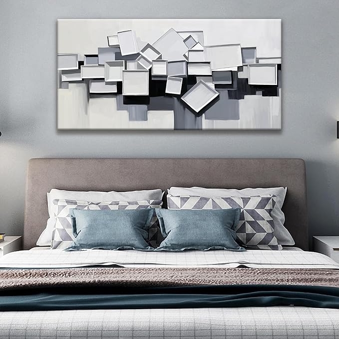 Grey And White Abstract Wall Art Minimalist Wall Art Geometric Color Block Canvas Artwork Paintings Canvas Art Wall Decor Modern Bedroom Art Office Artwork 20"X 40" Ready To Hang