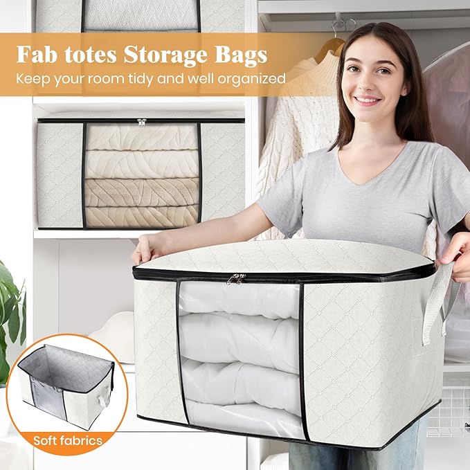 Fab totes 4 Pack Clothes Storage, Foldable Thick Fabric Blanket Storage Bags, Containers for Organizing Bedroom, Closet, Clothing, Comforter,Organization with Handle,Ivory White