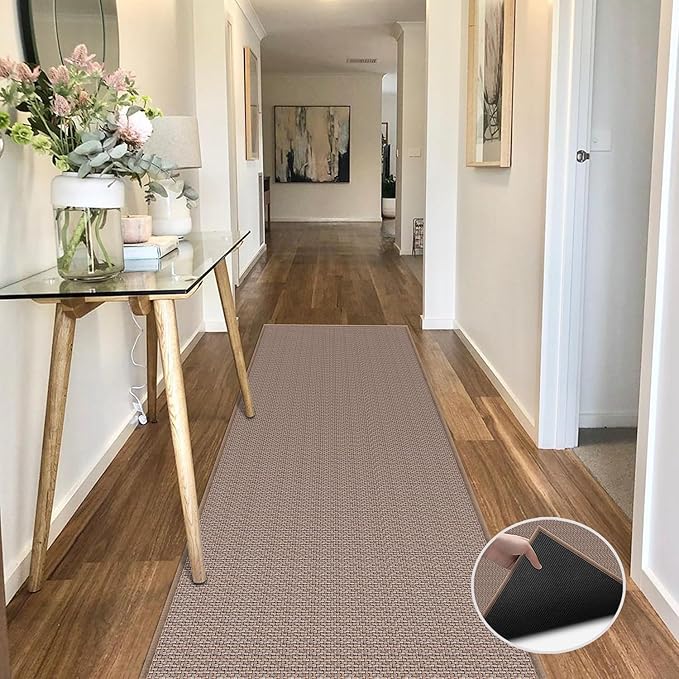 GOYLSER 12ft Long Carpet Runners for Hallway Non Slip, Rubber Backed Long Bathroom Runner Rug Washable, Indoor Entry Rug Light Brown