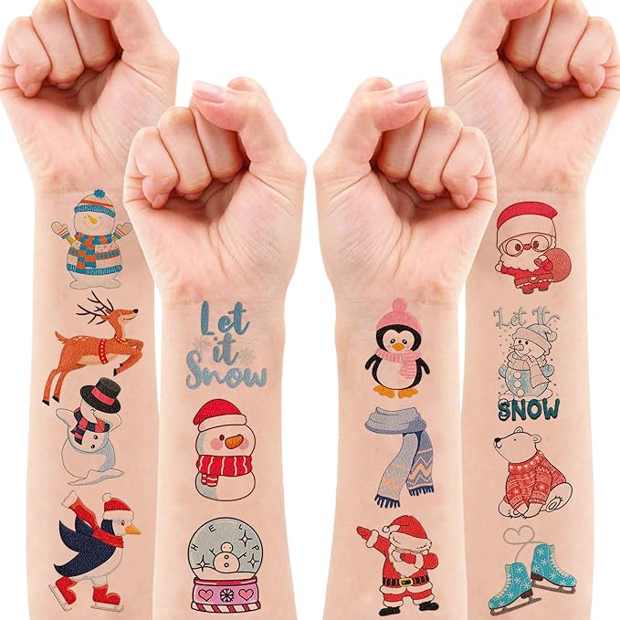 100 PCS Funny Blue Winter Temporary Tattoos Sticker Snowman Birthday Snowflake Christmas Party Decorations Decor Supplies Favors Gifts Girls Boys Baby Showers Cute Fake Tattoos Classroom Reward Themed
