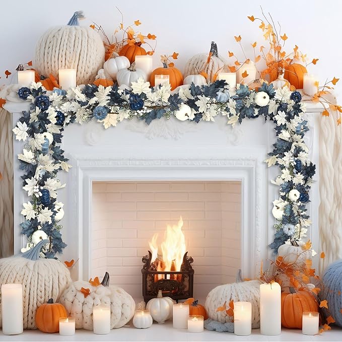 Zeyune 6ft Fall Blue Garland Decor Long Thanksgiving Garland with Pumpkin Autumn Maple Leaves White and Blue Pumpkins Wreath Hanging Rustic Decor for Front Door Kitchen Fireplace Home Indoor Outdoor