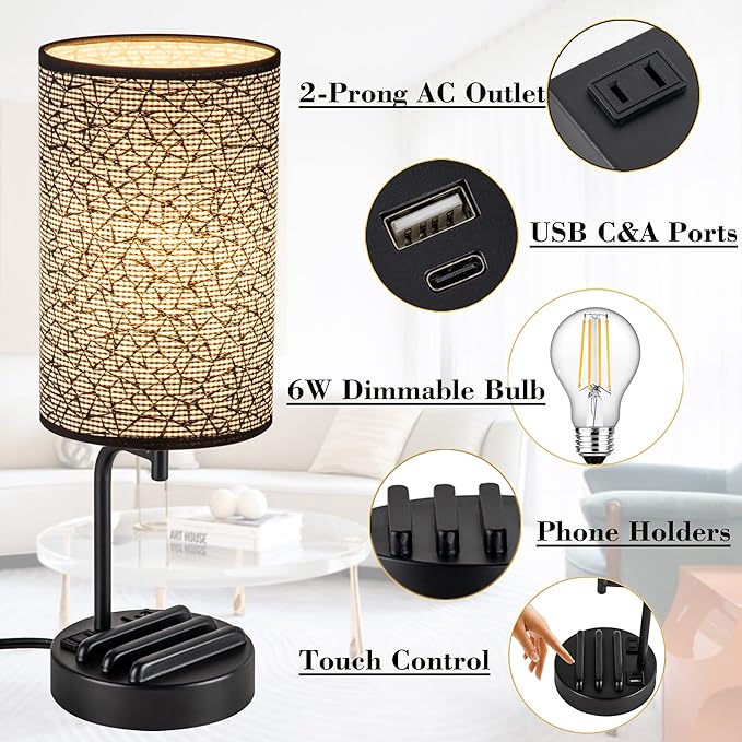 Dreamholder Touch Control USB Table Lamp, Upgraded 3-Way Dimmable Nightstand Desk Lamp with USB C & A Charging Ports and AC Outlet, Bedside Lamp for Bedroom Dimmable 9W LED Bulb Included