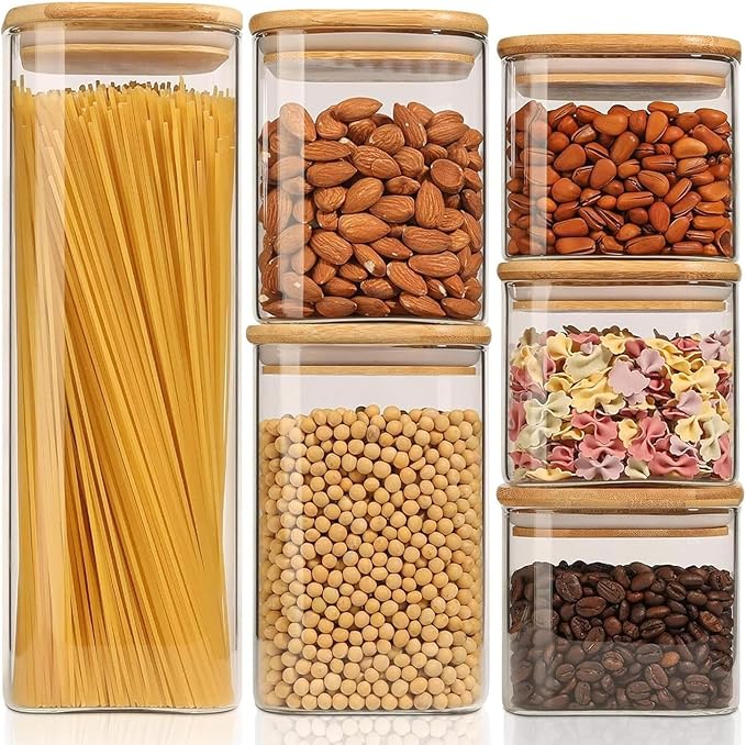 ComSaf Food Storage Containers with Airtight Lids Set of 6, Clear Glass Canister Food Jar with Sealing Lid Kitchen Pantry Storage Container for Spaghetti Pasta Sugar Flour Oat Cereal Beans, Square