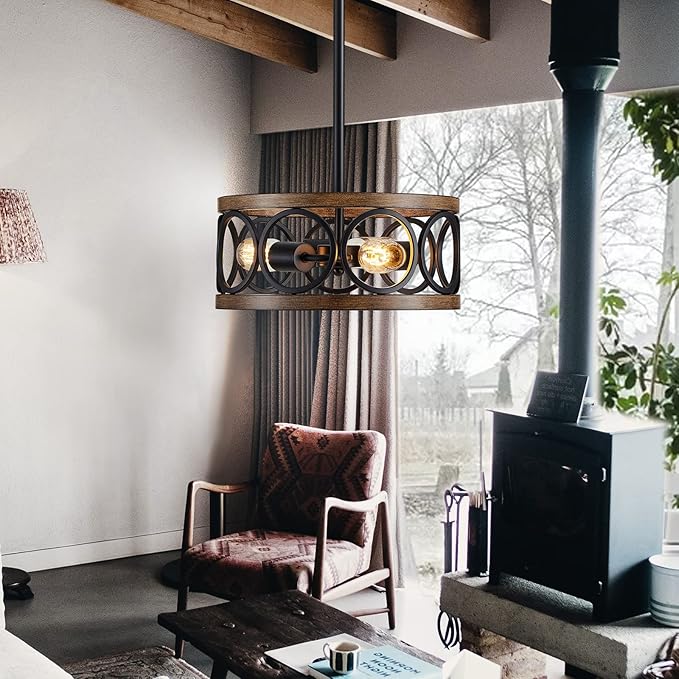 XINGQI Farmhouse Drum Pendant Light Modern 3-Light 13" Chandeliers for Dining Room, Vintage Retro Metal Hanging Light Fixtures for Entryway, Bedroom, Matte Black + Wood Grain Finish