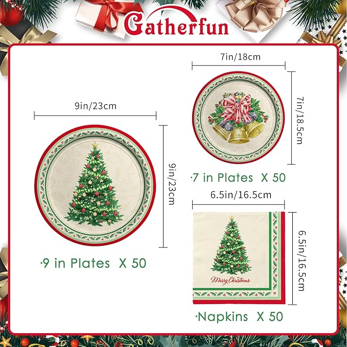 Christmas Party Supplies Kit, Serve 50, Christmas Tree Disposable Dinnerware Includes: Paper Dinner Plates, Dessert Plates, and Napkins, Great for Merry Christmas Party Decorations