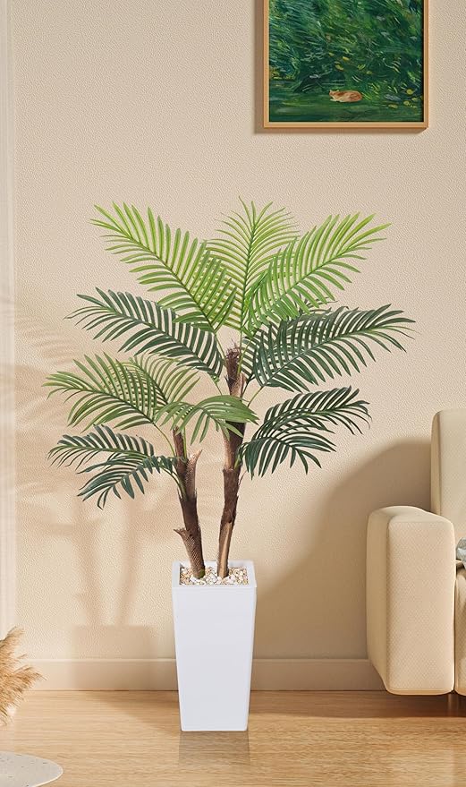Artificial Palm Tree 5FT, Fake Tree with Realistic Fiber Trunks and White Tall Planter, Faux Tropical Areca Floor Plant in Pot, Artificial Silk Plant for Home Decor Office Living Room Decor