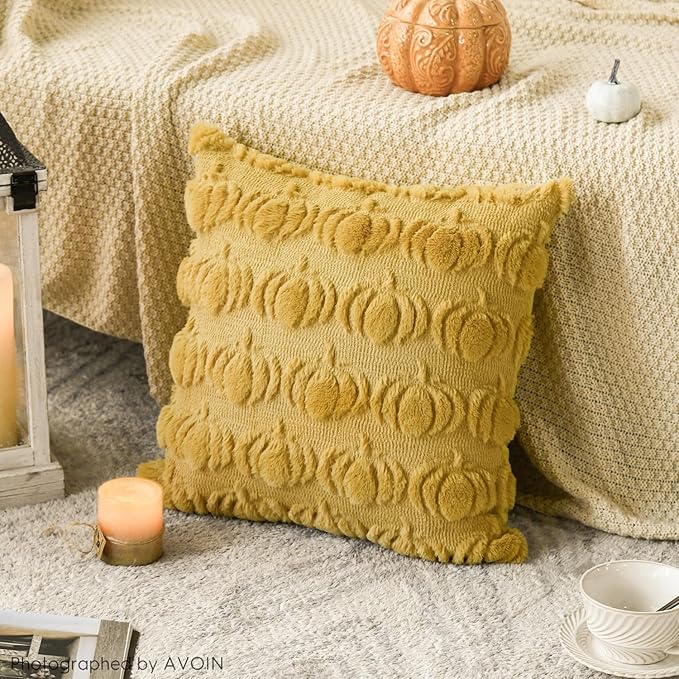 AVOIN colorlife Fall Pumpkin Ginger Throw Pillow Covers, 16 x 16 Inch Seasonal Autumn Thanksgiving Harvest Decoration Soft Plush Faux Fur Jacquard Cushion Case Decoration for Sofa Couch Set of 2