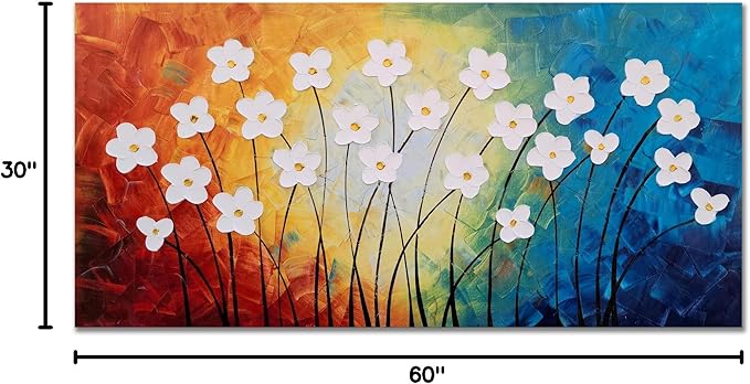 Yihui Arts Flower Pictures Wall Decor Hand Painted 3D Light Blue Yellow Red and White Canvas Oil Paintings Modern Big Horizontal Artwork for Living Room Bedroom Nursery Decoration