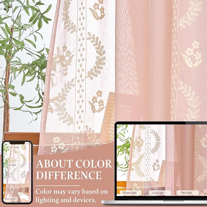 jinchan Belrose Pink Floral Sheer Curtains for Bedroom 63 Inch Long Voile Embroidered Farmhouse Curtains for Living Room Ivory Flower Patterned Rod Pocket Window Treatments, 2 Panels Pink