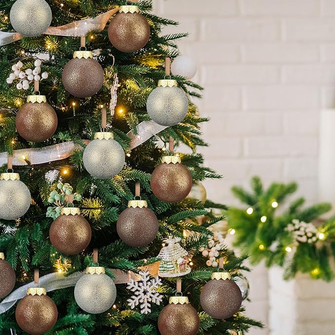 12 Pcs Neutral Textured Christmas Ball Ornaments 2.36'' Vintage Christmas Tree Decor Modern Rustic Brown Ornaments with Loop Shatterproof Hanging Ball for Xmas Farmhouse Decor (Earth Color)