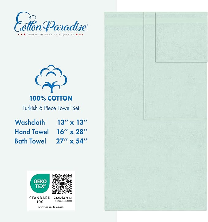 Cotton Paradise 6 Piece Towel Set, 100% Cotton Soft Absorbent Turkish Towels for Bathroom, 2 Bath Towels 2 Hand Towels 2 Washcloths, Mint Towel Set