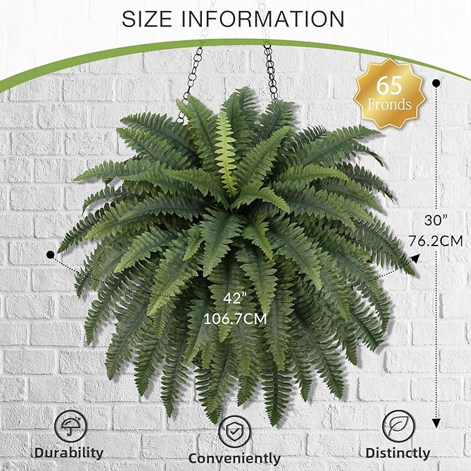 42" Artificial Boston Fern Large Bush Plants, 2 Bundles of Fake Ferns with 65 Fronds for Outdoors Home Decor